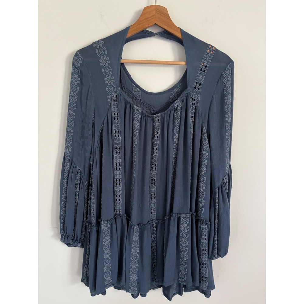 Free People L Boho Crochet Lace Tiered Tunic Top Blue Long Sleeve cottagecore